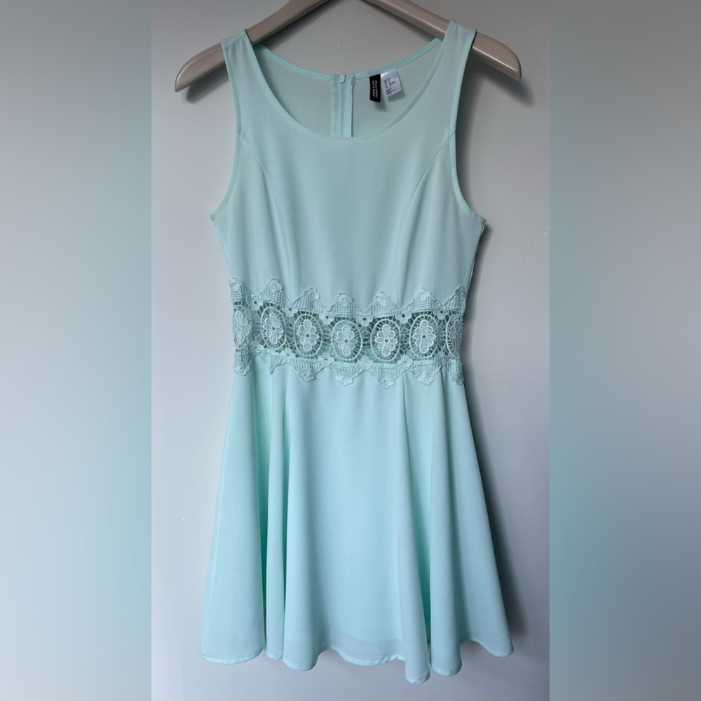 H&M Fit and Flare Mini Dress with Lace Waist - Light Blue / Mint - Size 6